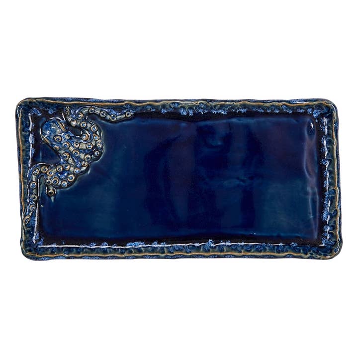 Handgefertigter thailändischer dekorativer Teller aus Keramik mit blauem Oktopus für den Großhandel von Continental Home