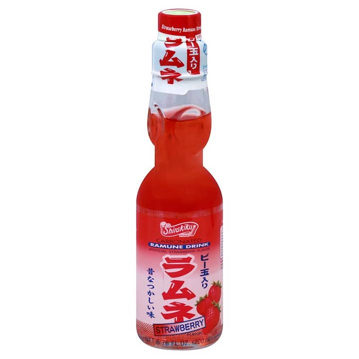Ramune Strawberry, 6.76oz Glass Bottle 30ct for wholesale by Grandpa Joe's Candy Shop