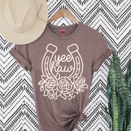 Yee Haw Horseshoe Tee - Heather Brown for wholesale by Ali Dee