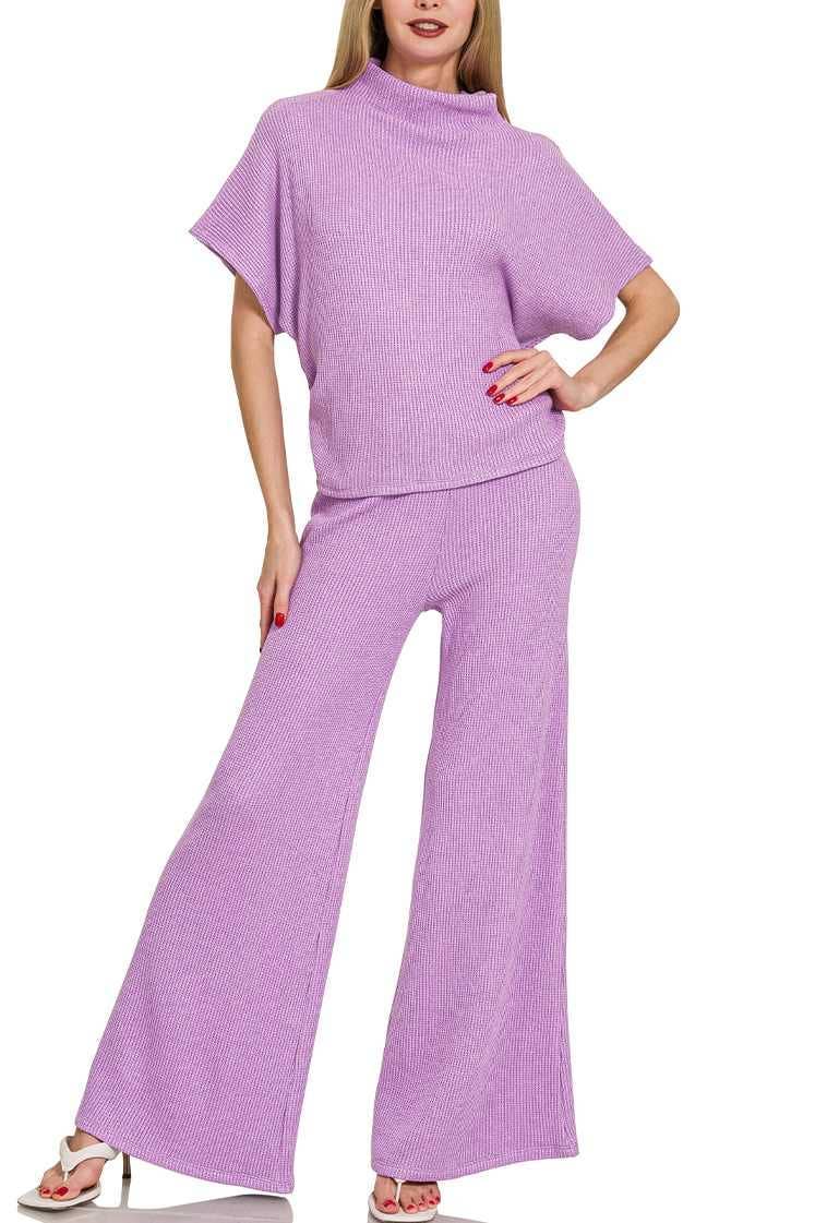 Vanilla Monkey - Wholesale Lounge Set - Women's - Sweater Mock Neck Short Sleeve Top &amp; Long Pants Set0