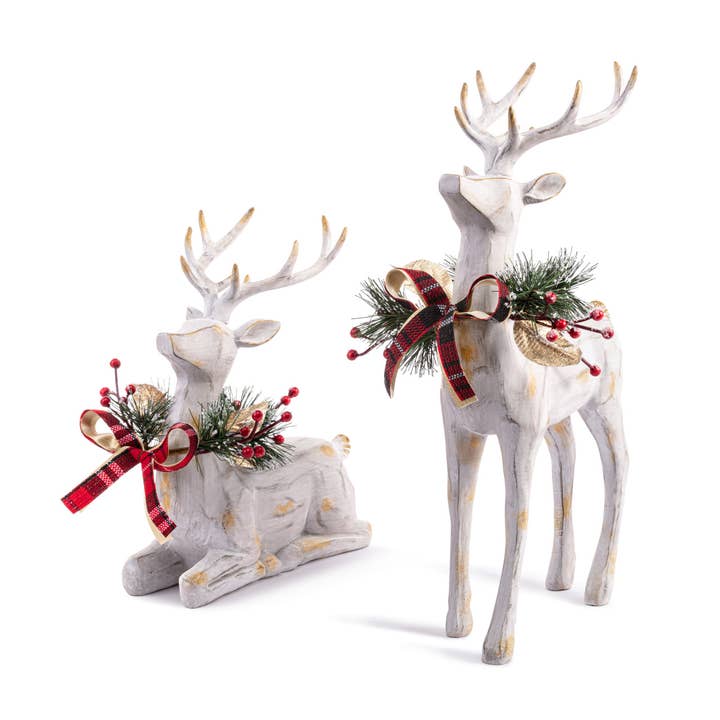 DEMDACO - Wholesale Decorative Figurine - Large Wood Reindeer with Holly Figures - Set of 2