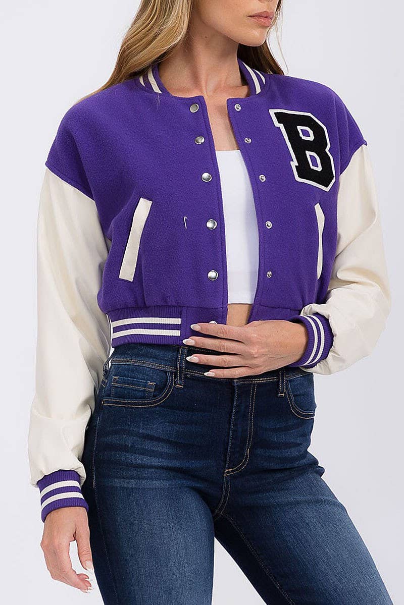 ROUSSEAU - Wholesale Varsity/Baseball Jacket - Women's - PLEATHER SLEEVE BUTTON CLOSURE VARSITY JACKET4