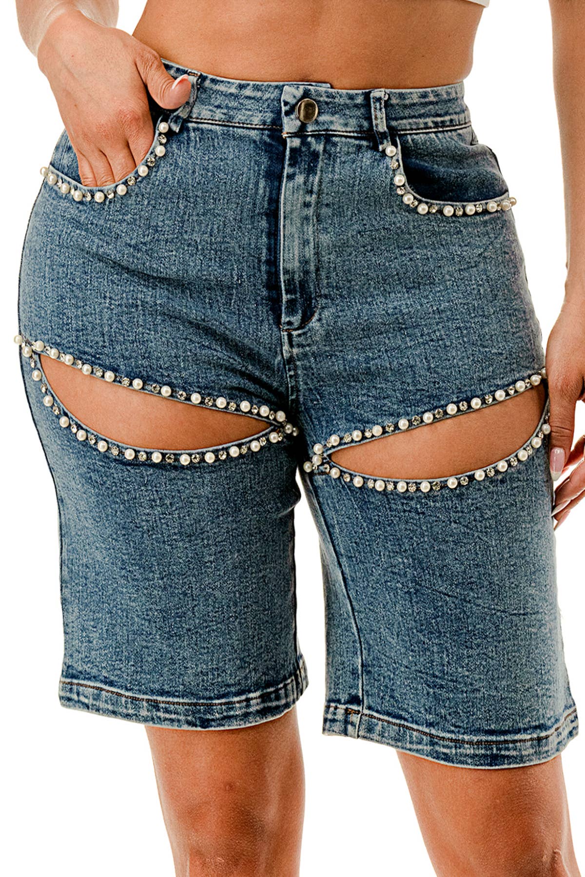 SALT - Vendita all'ingrosso Jeans - Donna - (SP3953) Shorts con Perle Intagliate Decorate6