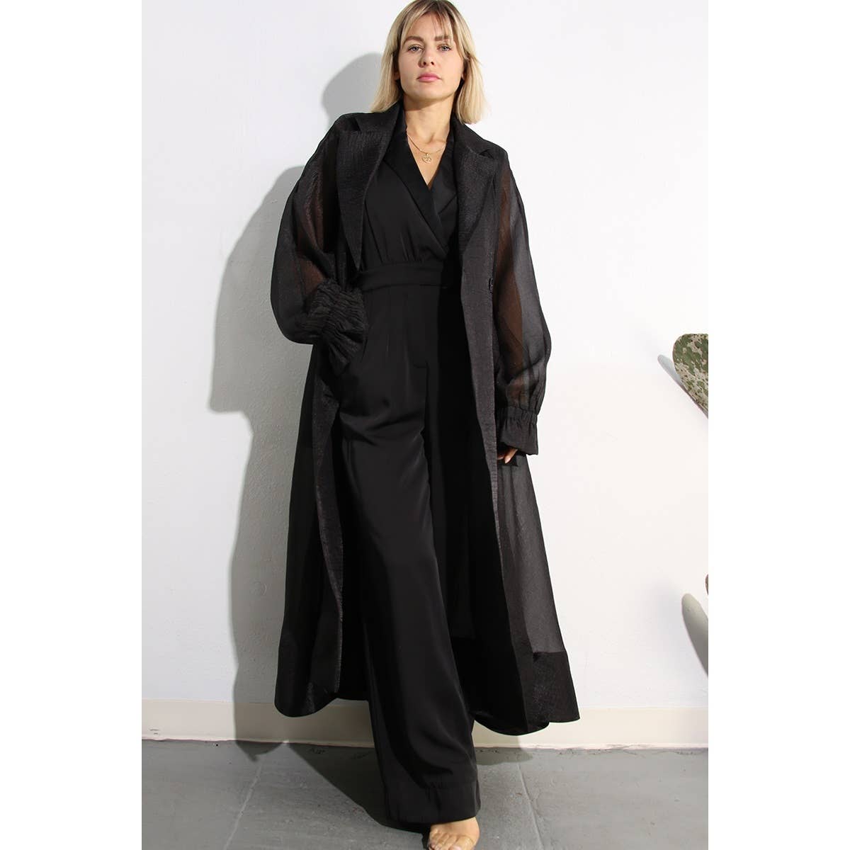 BLACK METALLIC ORGANZA TRENCH COAT for wholesale on Faire14