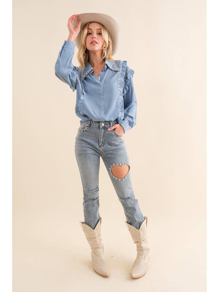 Blue B - Vendita all'ingrosso Jeans - Donna - 22300P - Jeans in denim elasticizzati con bottoni alla caviglia e bottoni a cuore6