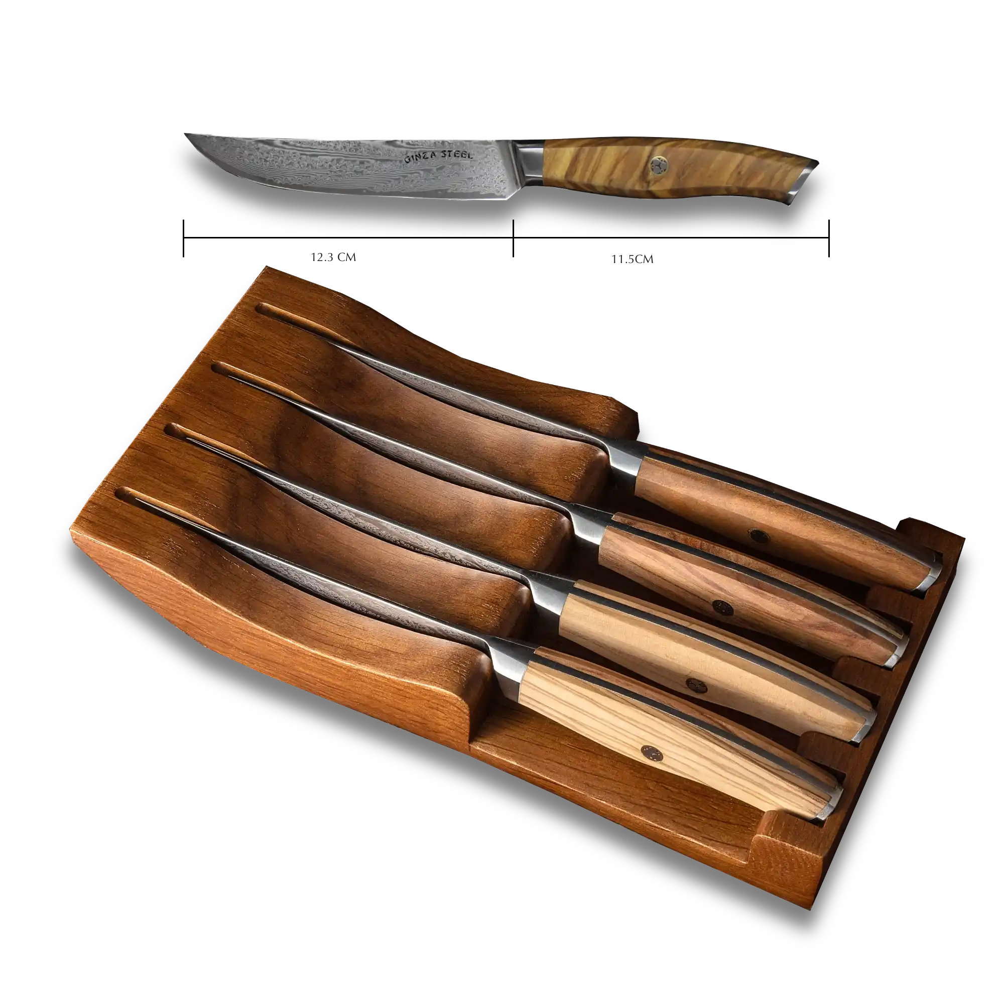 Ginza Steel - Wholesale Knife Set - Ginza Steel AMELIA Five – 4-Piece VG10 Damascus Steel Steak Knife Set with Wood Block9