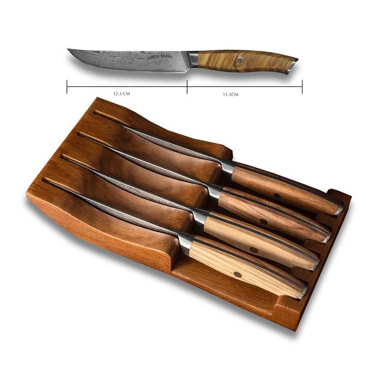 Ginza Steel - Wholesale Knife Set - Ginza Steel AMELIA Five – 4-Piece VG10 Damascus Steel Steak Knife Set with Wood Block9