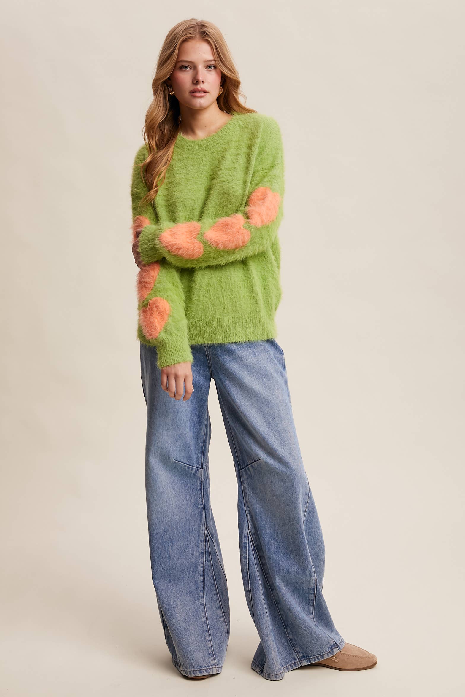 Listicle - Wholesale Knit Sweater - Women's - Fuzzy Heart-Sleeve Pullover Sweater LSW08728