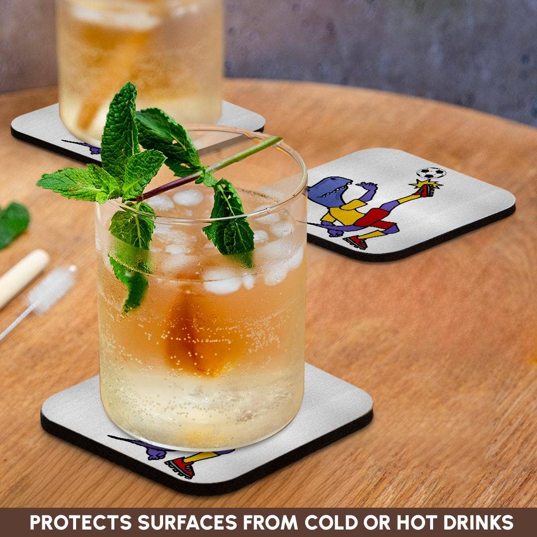 3dRose - Wholesale Coasters - 3dRose, Cute funny T-rex Dinosaur Playing Soccer Kicking Ball Cartoon Sports, Coaster9