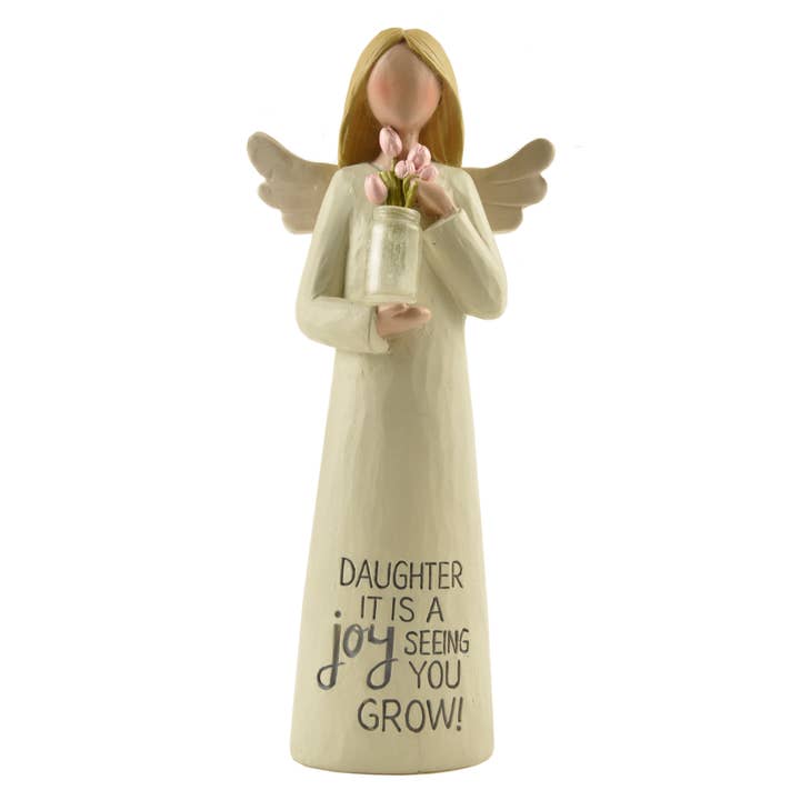 Blossom Bucket & Crossroads Home - Wholesale Decorative Figurine - "Daughter" Angel With Clear Vase And Flowers