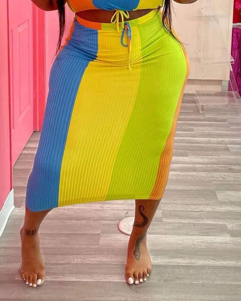 Fashion Combination - Vente Ensemble haut et jupe - Femme - ensemble de jupe courte côtelée colorblock grande taille9