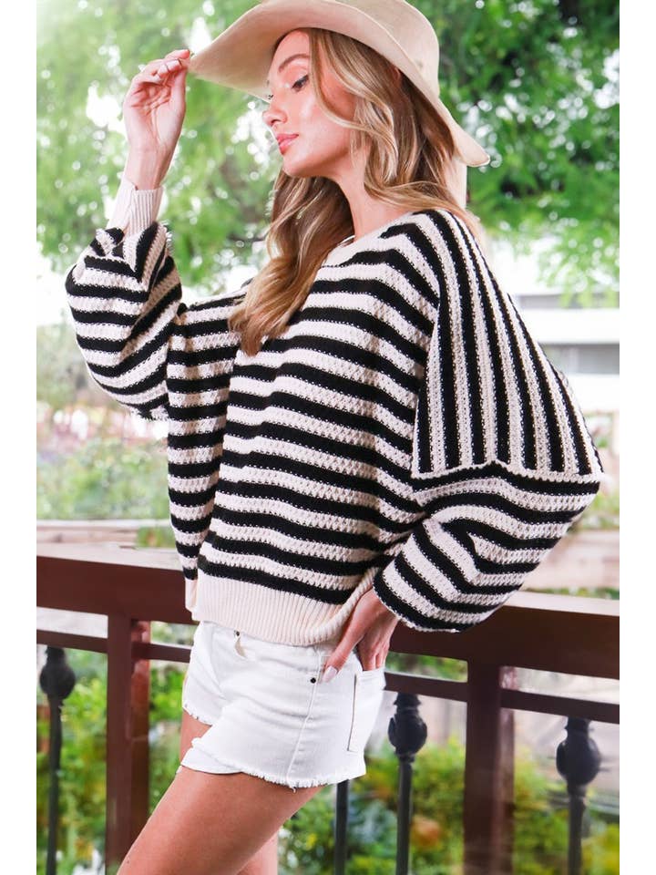 Vine & Love - Wholesale Knit Sweater - Women's - Crew Neck Long Balloon Sleeve Striped Crochet SweaterVT81666