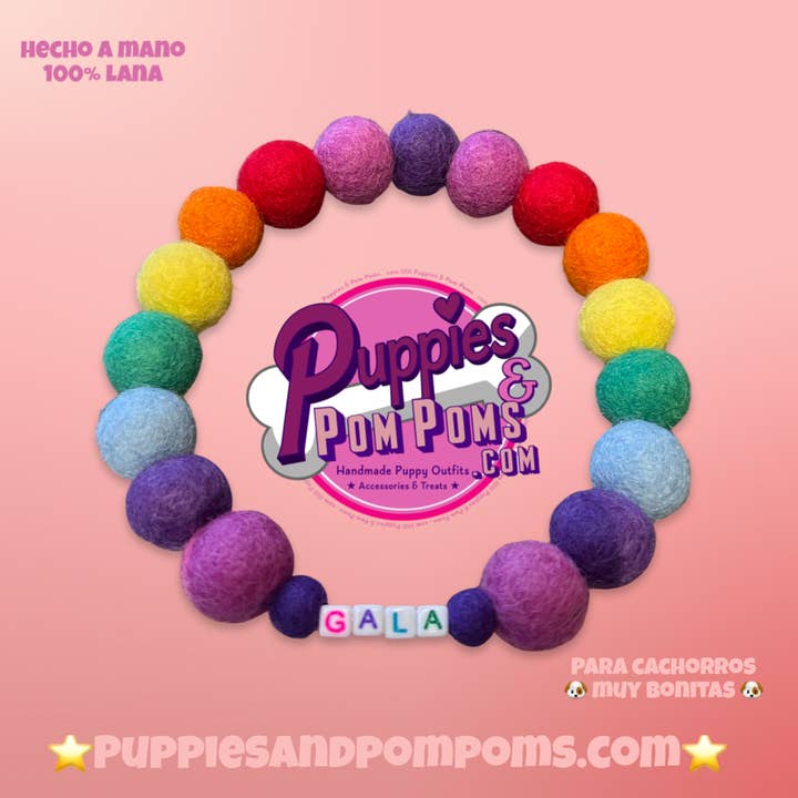 Puppies & Pom Poms - Vente Collier – chien - Collier pour chien personnalisé avec pompons colorés arc-en-ciel 2 cm3