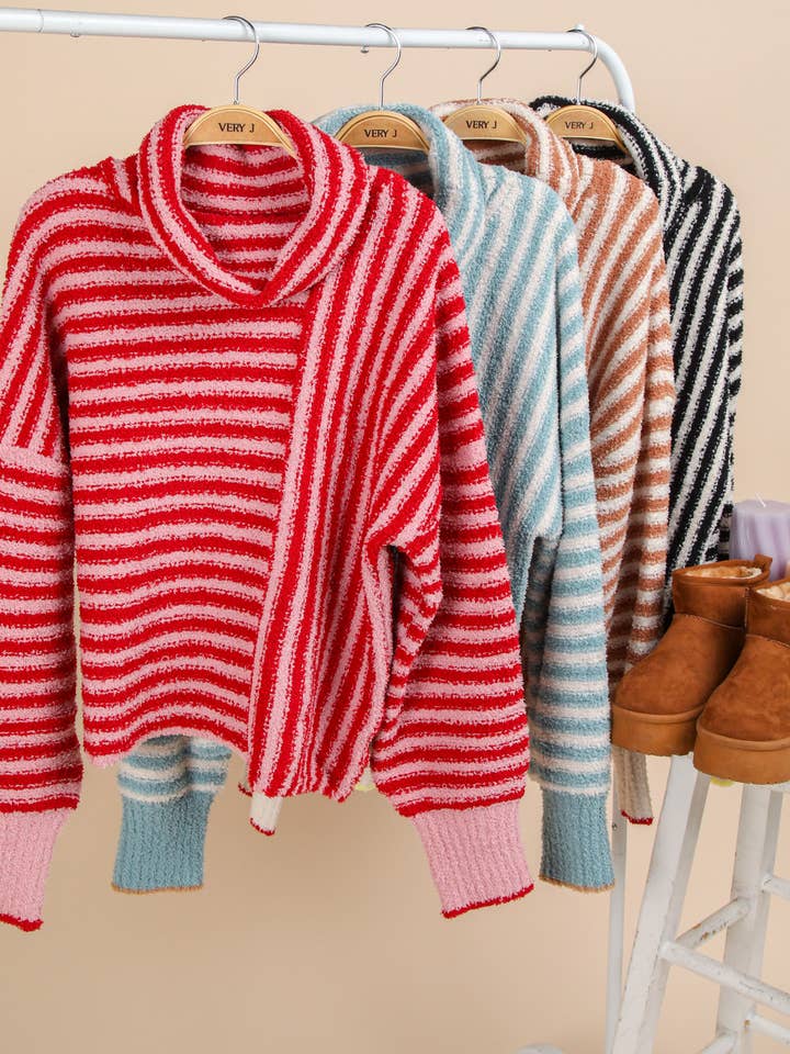 VERY J - Wholesale Knit Sweater - Women's - 12W3186N-Mock Neck Soft Striped Knit Sweater Top