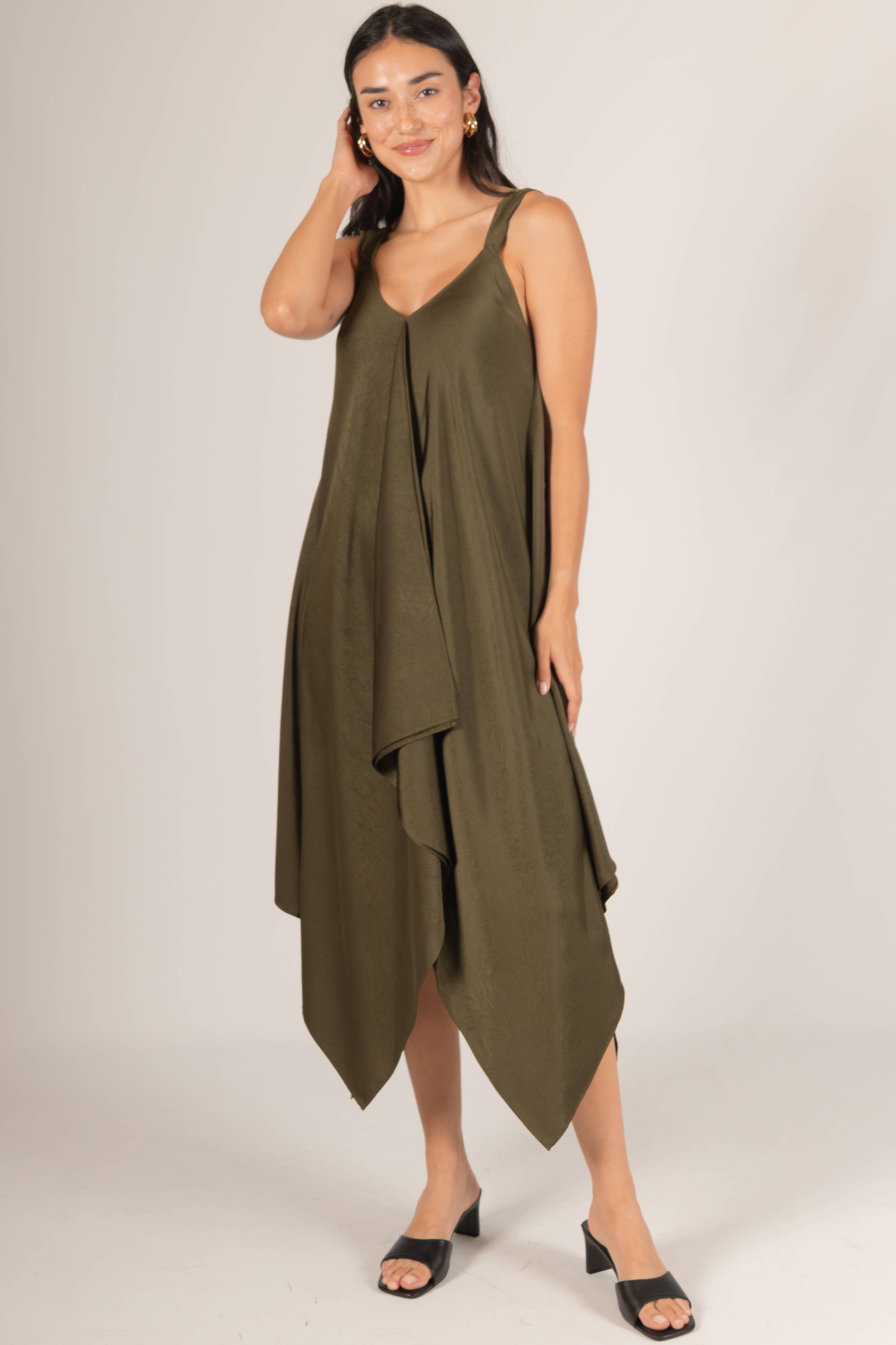 Before You Collection - Wholesale Dress - Women's - Textured Satin V-Neck Sharkbite Hem Dress1