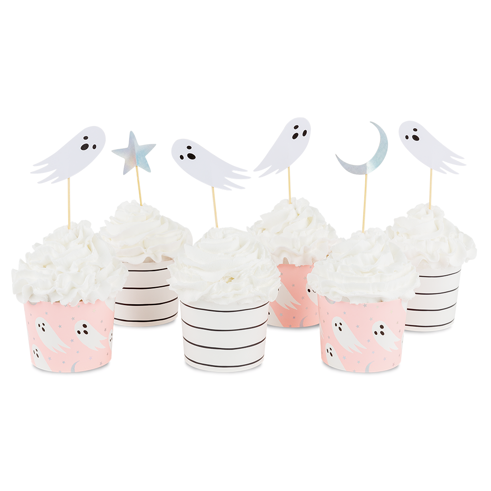 Jollity & Co. + Daydream Society – Großhandel Kuchen-/Cupcake-Topper – Spuktastisches Cupcake-Deko-Set mit holografischem Silber und Neonkoralle1