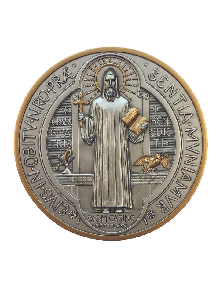 St. Benedict Medal/Plaque in Pewter Style 7" for wholesale by Goldscheider of Vienna