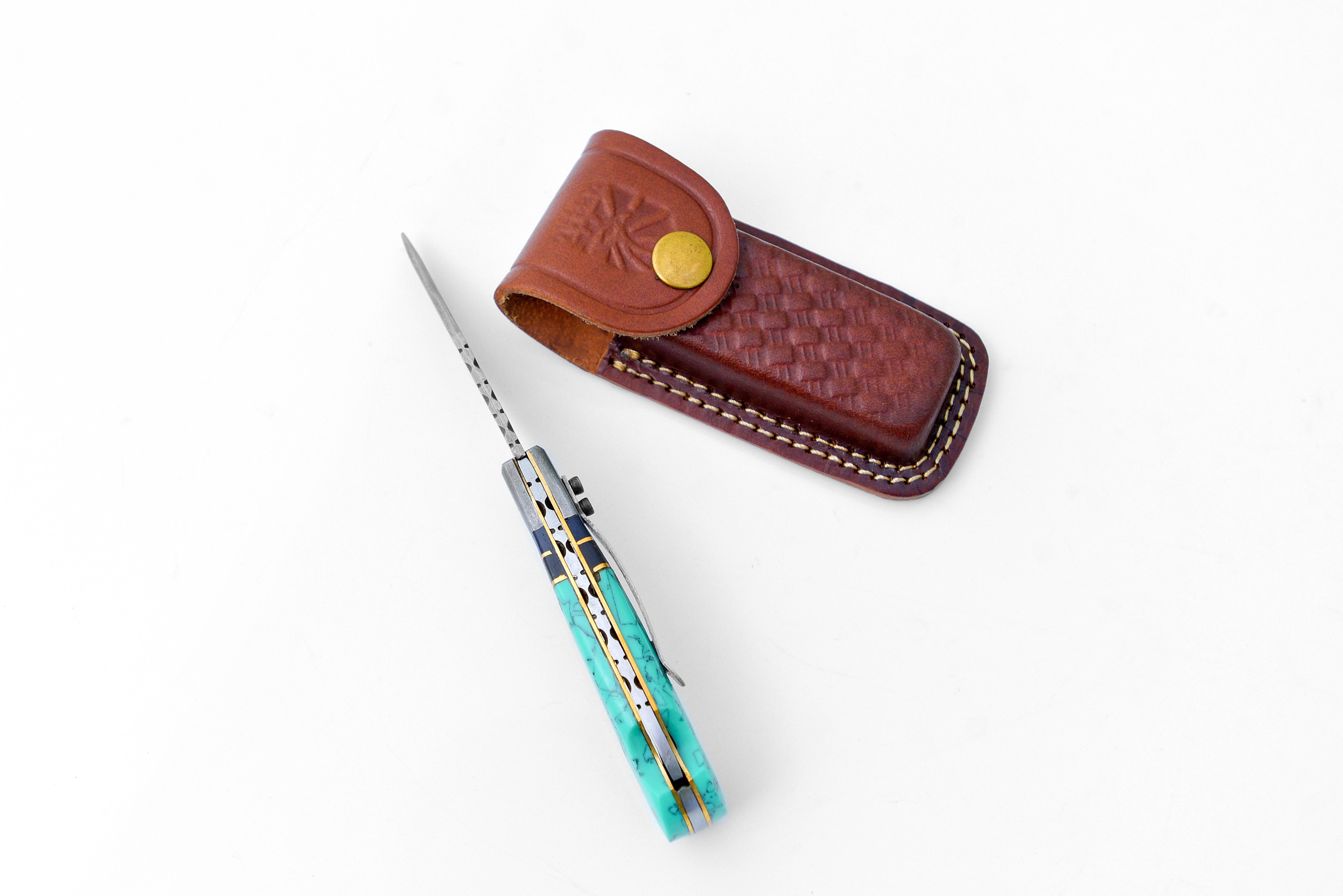 Titan International - Wholesale Pocket Knife/Holder - Damascus steel pocket knife Limited Run Turquoise Resin TF-0592