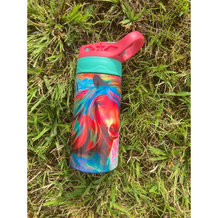 Borraccia per bambini con cavallo ad acquerello e coperchio sportivo per la vendita all'ingrosso da parte di Handmadeohio