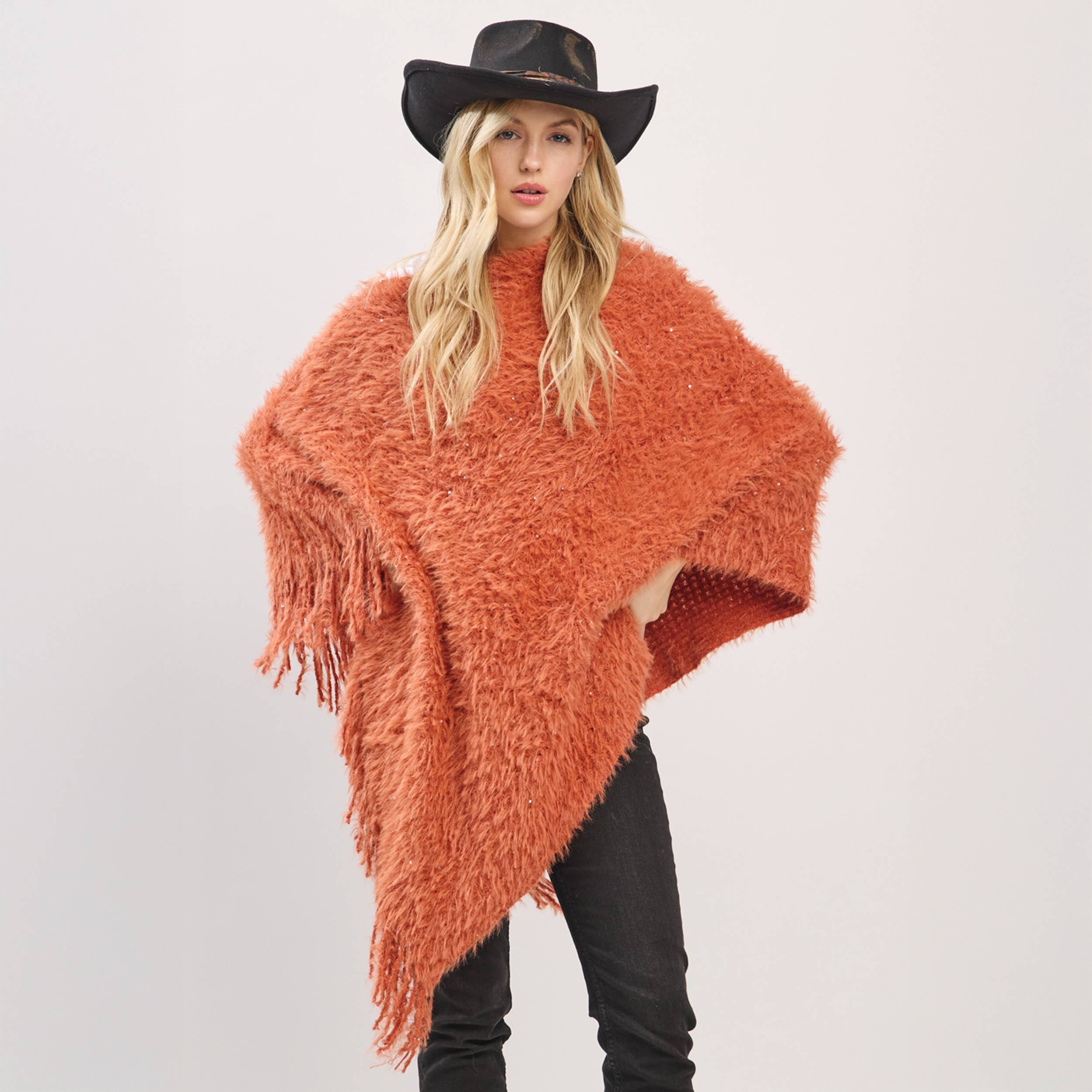 Hana – wholesale Poncho – Women's – Fuzzy Sequin with Fringe Light Weight Poncho14