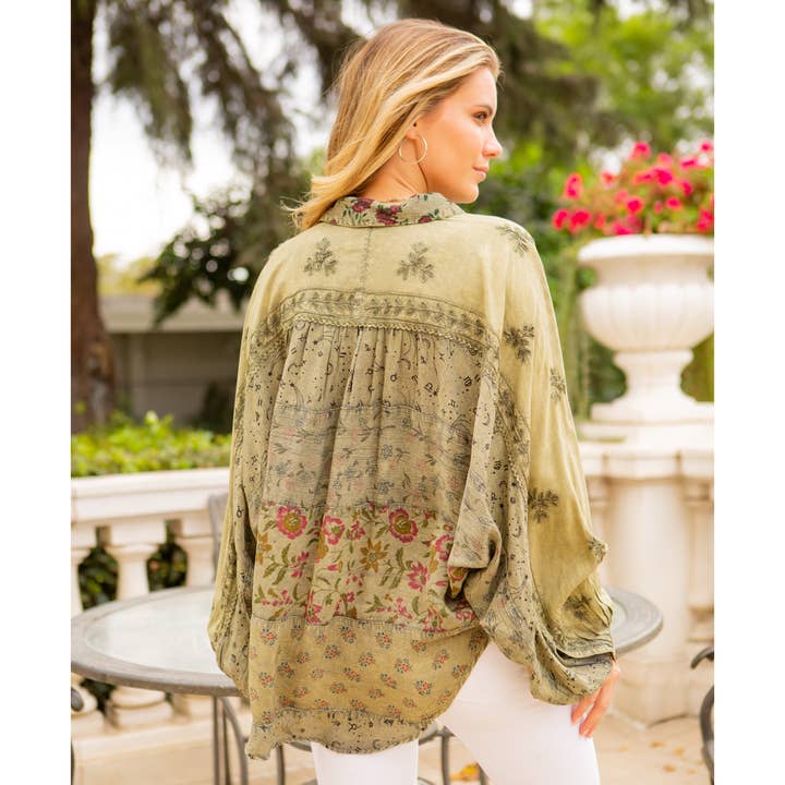 Young Threads - Wholesale Button Down Shirt - Women's - Women’s Mix Media Top - Printed Patchwork Design