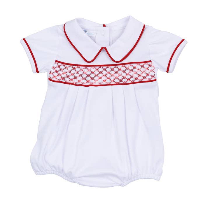 Red and White Essentials Smocked Short Sleeve Boy Bubble for wholesale by Magnolia Baby