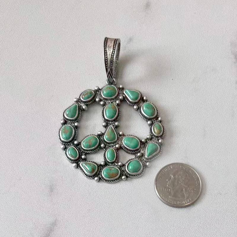 Western Elite Jewelry - Wholesale Individual Charm/Pendant - PDS250730-01-GREEN 55 mm silver metal with green turquoise stone peace sign pendent