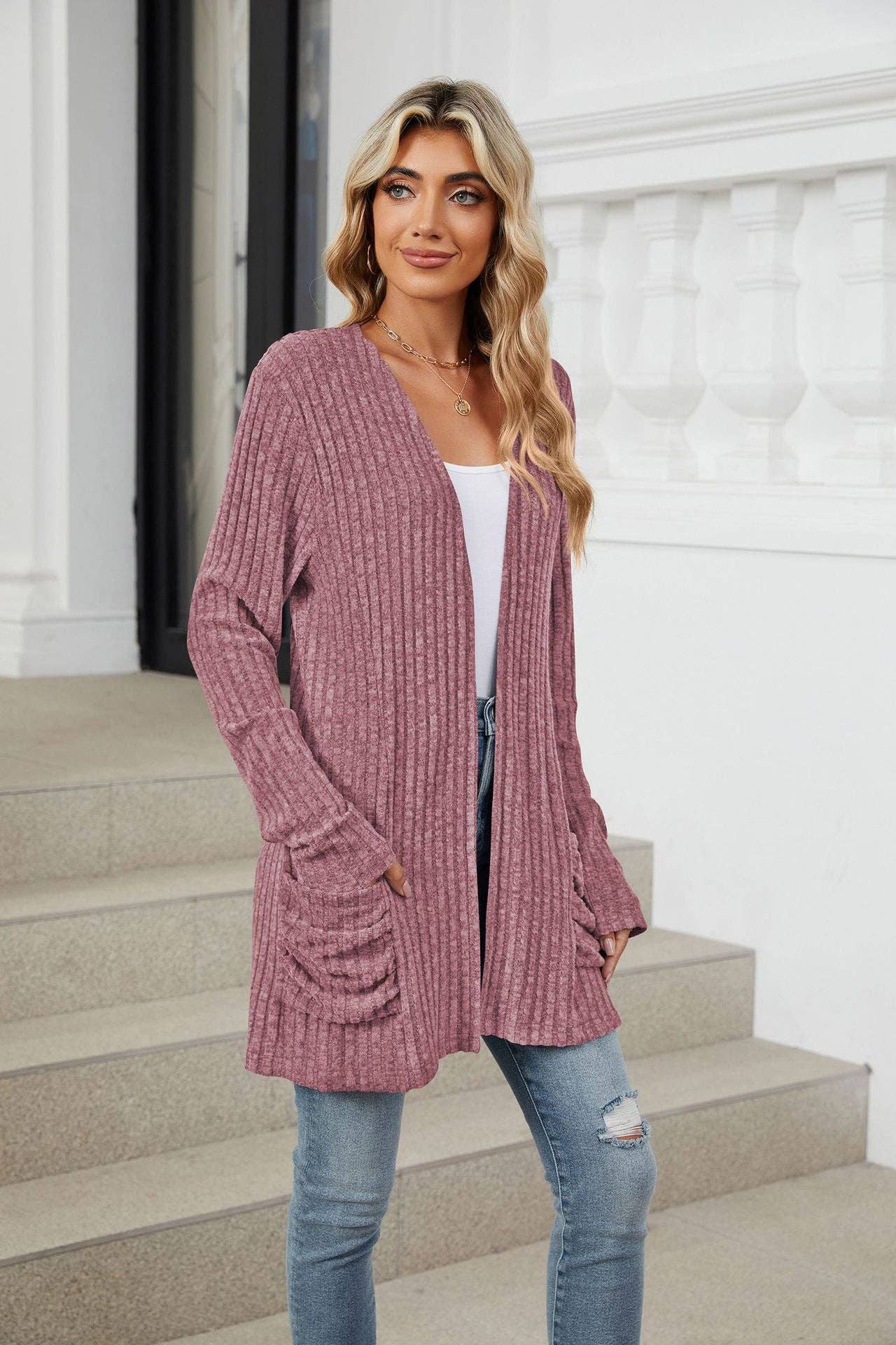 Suhkasana - Vendita all'ingrosso Cardigan - Donna - Top lavorato a maglia con cardigan a maniche lunghe e tasche semplici57