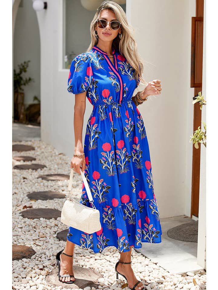 Little Daisy Closet - Wholesale Dress - Women's - LDC Floral Puff Short Sleeve V Neck High Waist Maxi Dress
