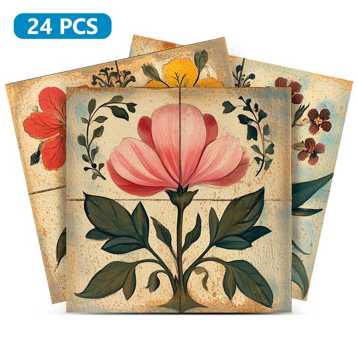 Modèle de décalcomanie de papier peint autocollant de carreaux multicolores couleur sable floral - R124 pour la vente par Mi Alma LLC