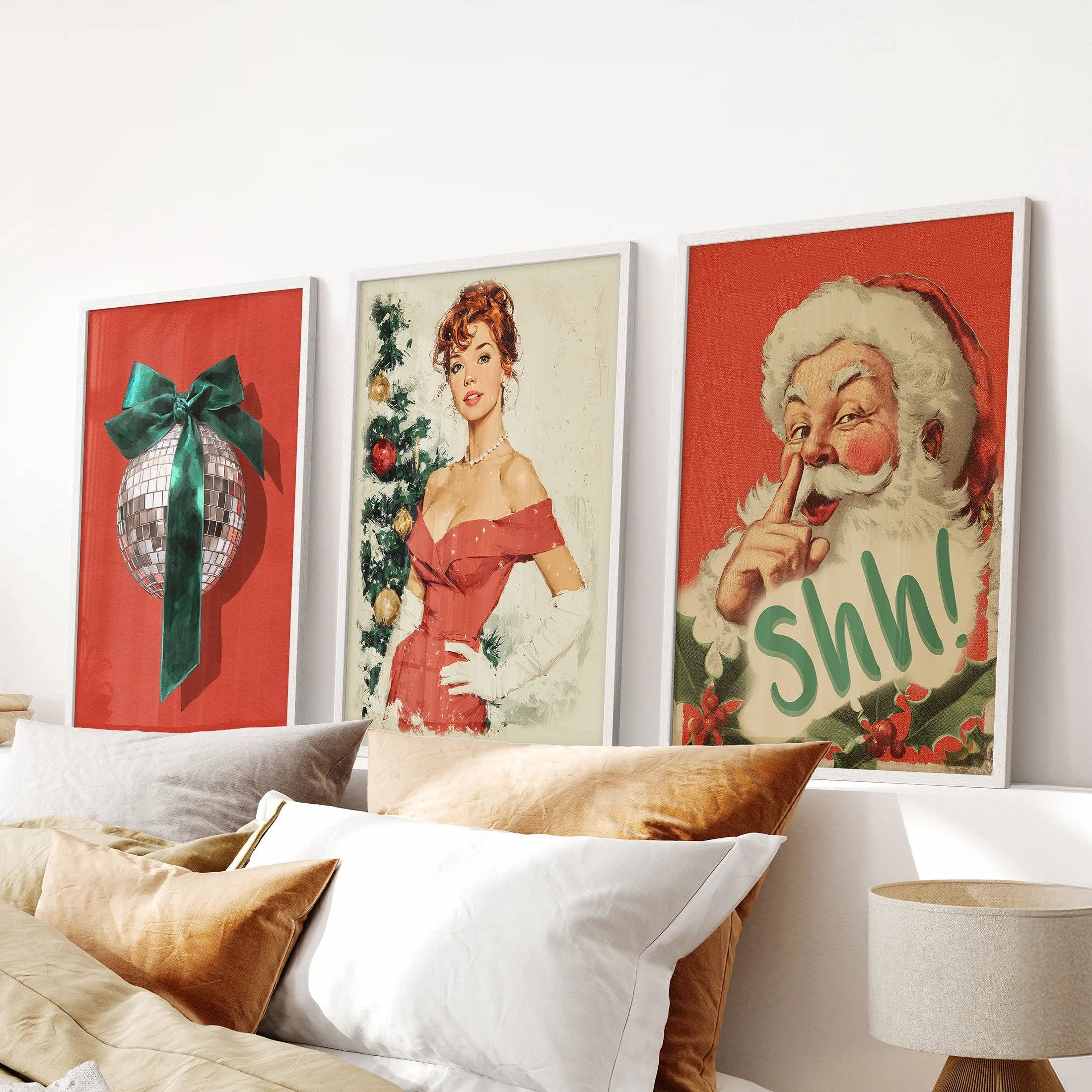 PrintSets.com - Wholesale Gallery Wall Set - Retro Holiday 3 Piece Wall Art: Santa, Pin-Up Girl, Disco Ball1