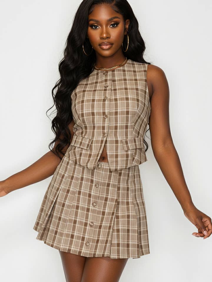 PLAID BUTTONED VEST AND SKORT SET for wholesale by 5besties inc
