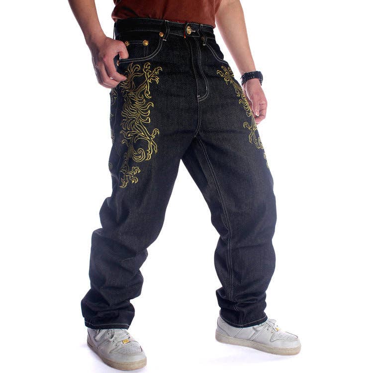 Black Straight Leg Embroidered Denim Pants Trendy Casual Hip Hop for wholesale on Faire1