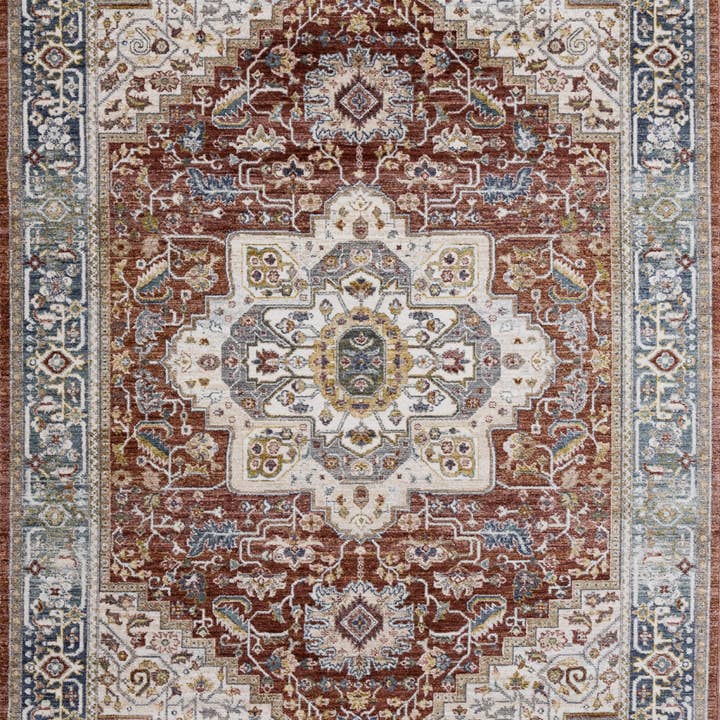 2,4 m x 3 m röd, blå och beige medaljongmatta för wholesale av HomeRoots