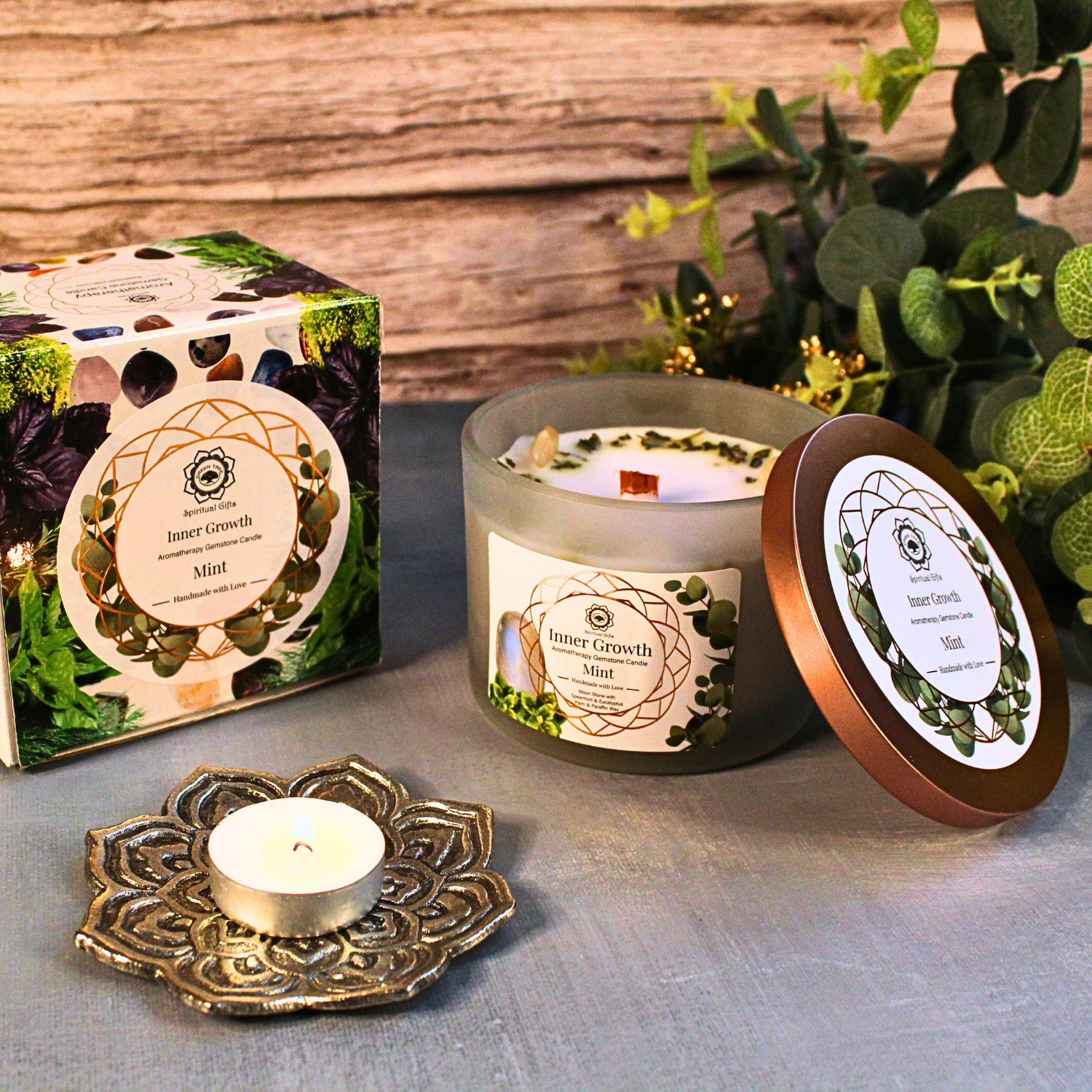 Green Tree - Wholesale Jar/Filled Candle - Green Tree Gemstone Scented Candle Inner Growth Mint 256g2