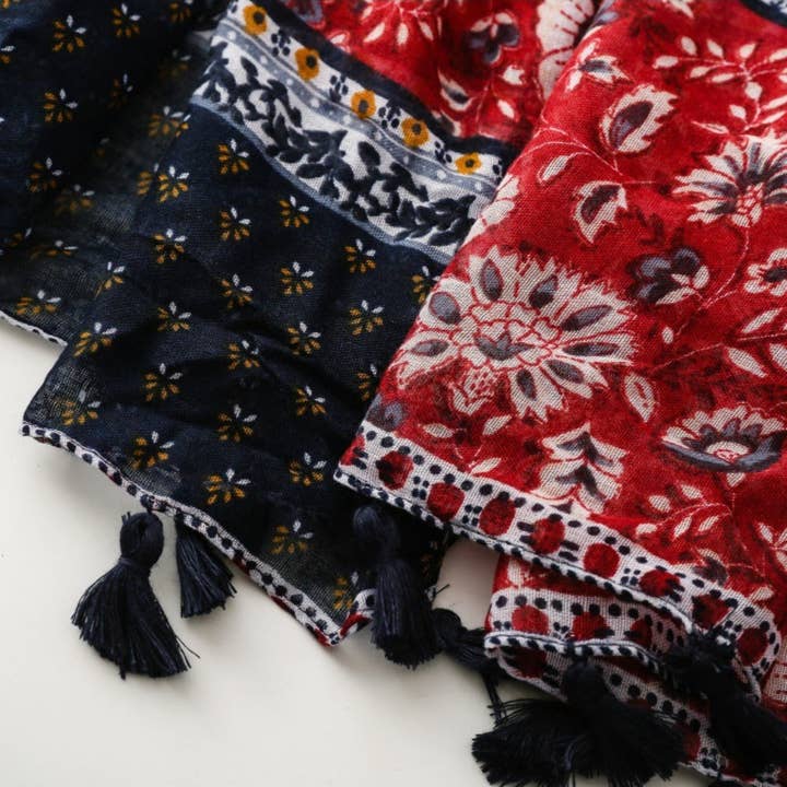 Red Scarvii - Bohemian Floral Geometric Tassel Scarf for wholesale on Faire7