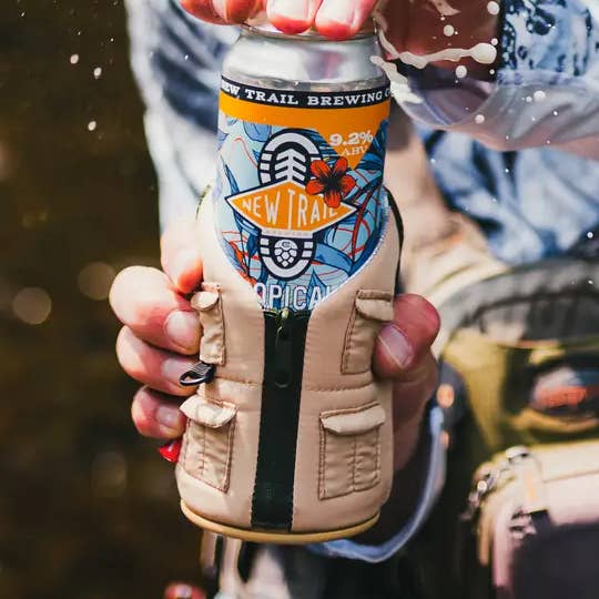 Insulated Can Cooler - The Adventurer - Tan & Olive Green for wholesale by Puffin Drinkwear