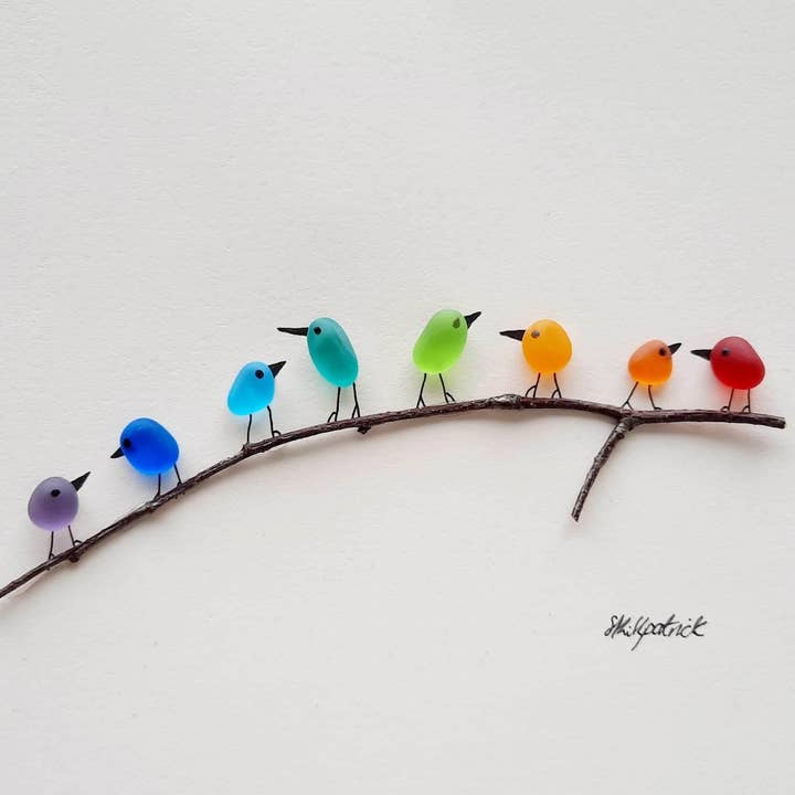 UrchinArtworks - Wholesale Art print - Rainbow Birds on Branch Sea Glass Picture Wall Art Decor2