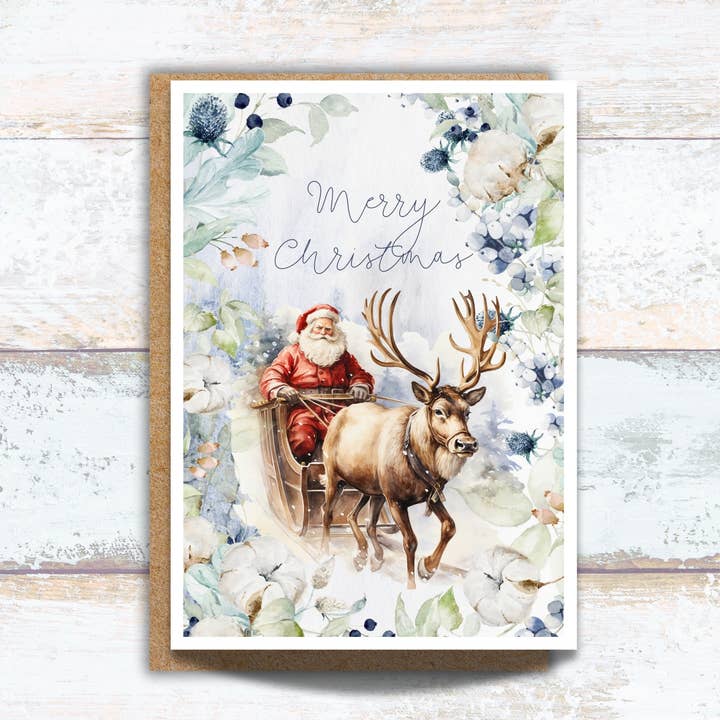 Merry Christmas Santa Sleigh with Winter Florals Card for wholesale by Designs by Michaela