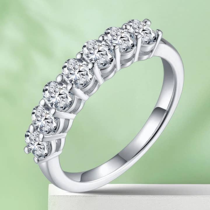 2.1ct Seven-Stone Moissanite Ring | Oval Cut 925 Sterling Silver Statement Band for wholesale by Sparkile