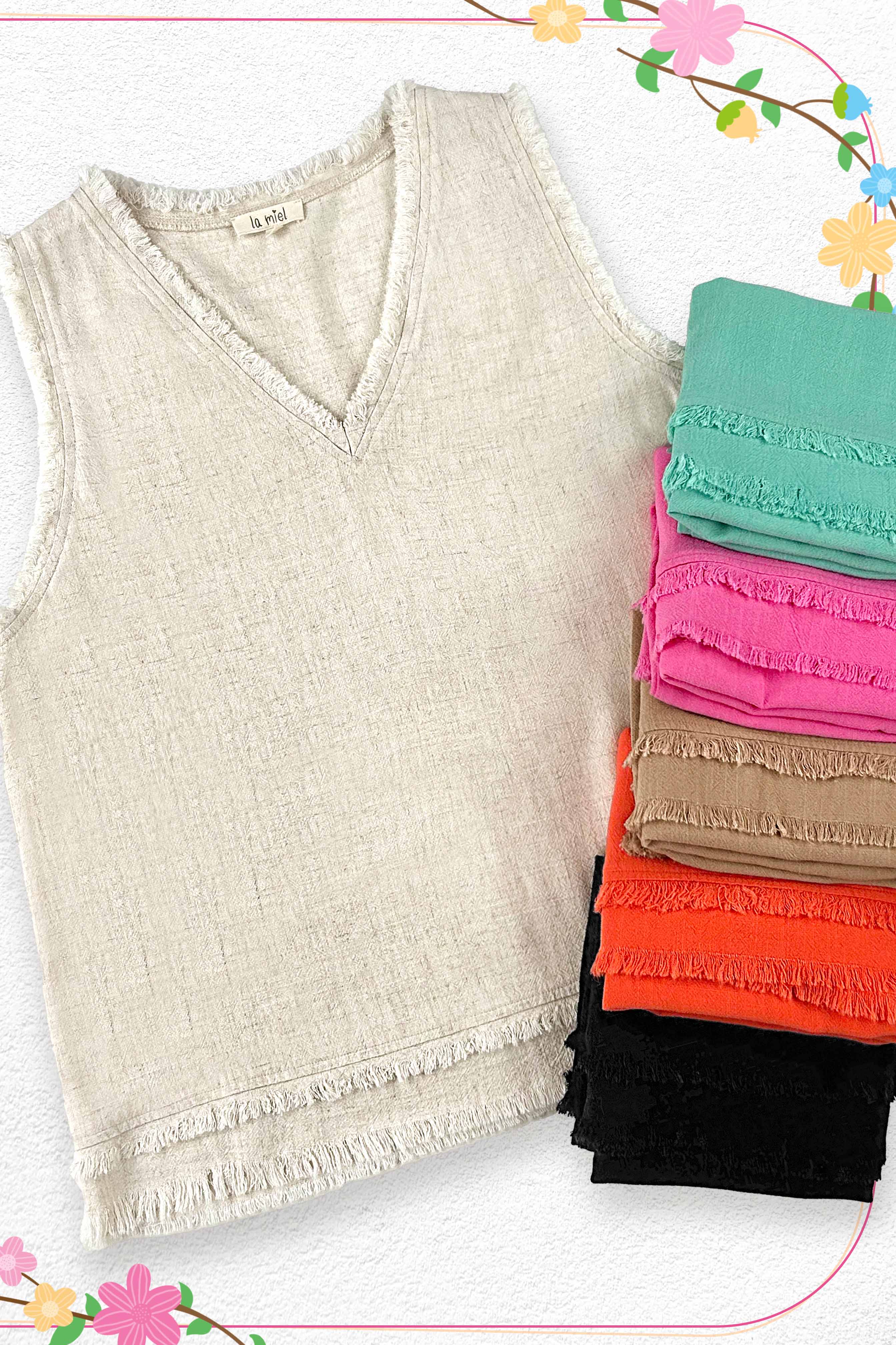 La Miel – wholesale Tank top – Women′s – HBT7635-Soft Washed Gauze Cut Edge Sleeveless V-neck Top20