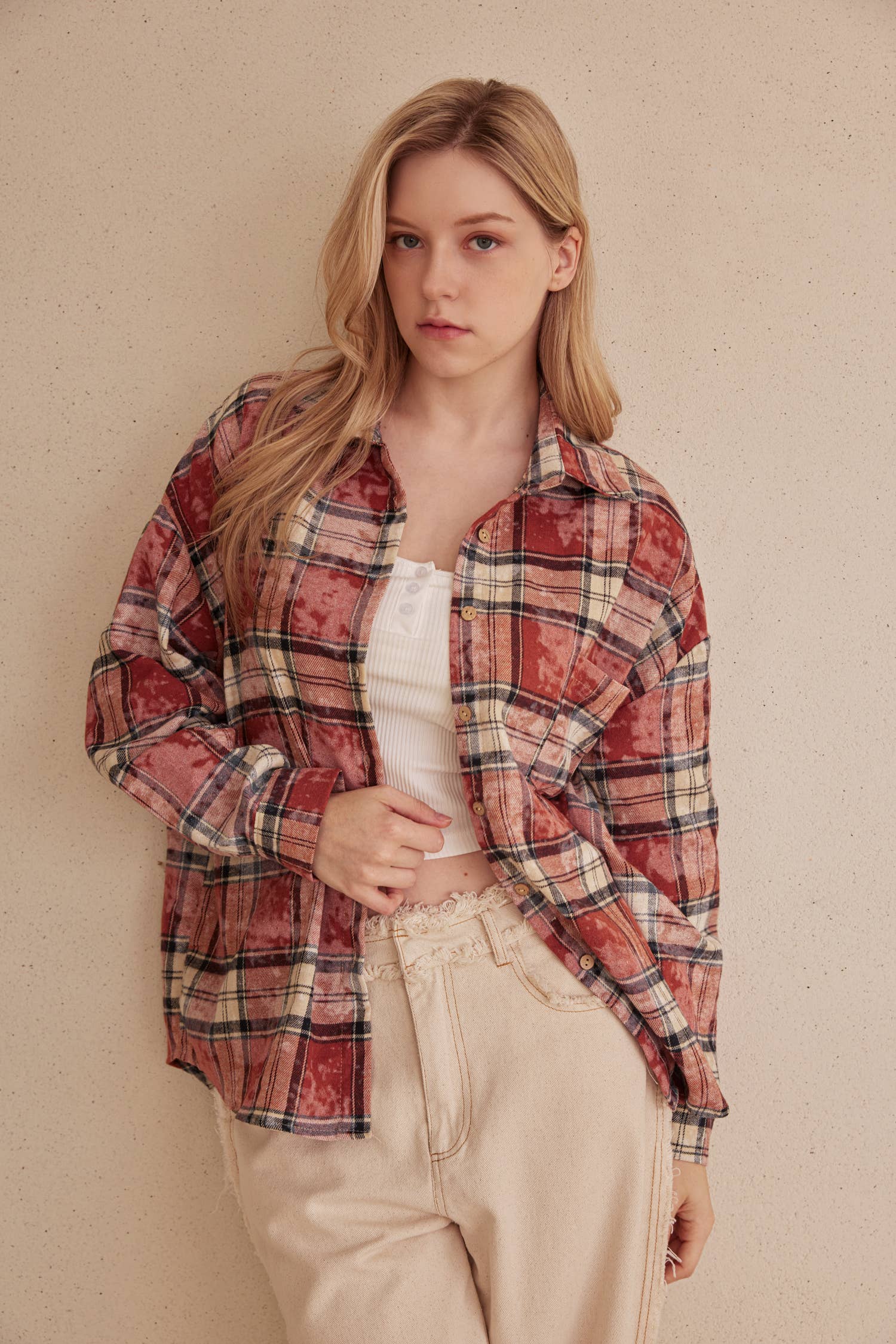 Multi Red Oversized Plaid Shirt with Star Patches for wholesale on Faire3