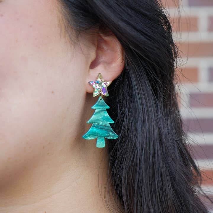 Spiffy & Splendid - Wholesale Dangle Earrings - Star Christmas Tree Earrings - Green Shimmer // Holiday, Jewelry7