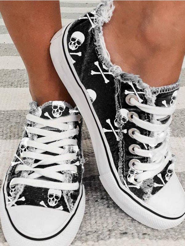 Black Skull Bone Printed Denim Canvas Shoes for wholesale on Faire