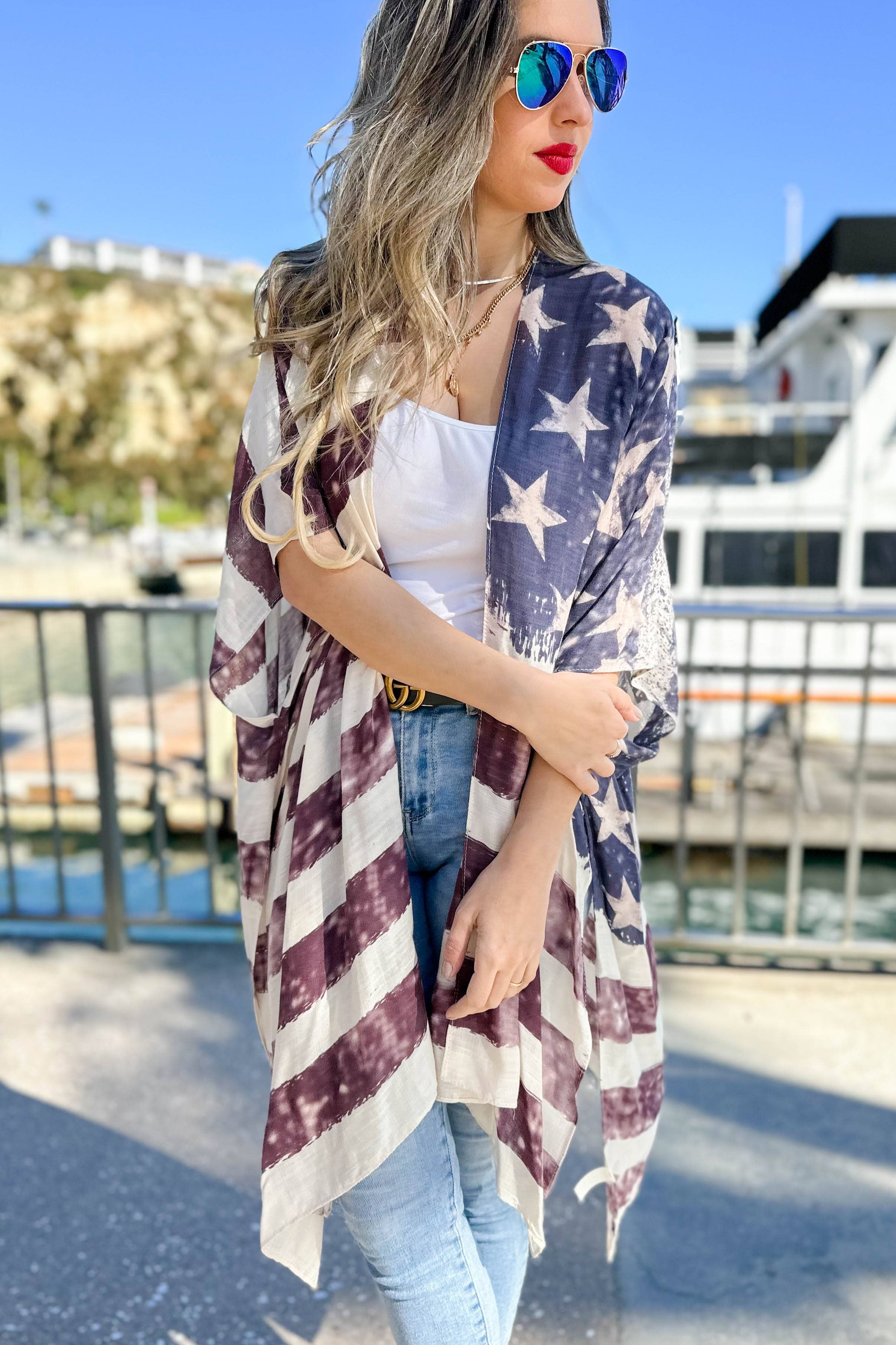 Vintage American Flag Printed Kimono Cover Up for wholesale on Faire7
