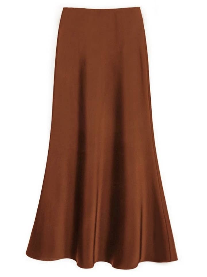 coffee Sateen Maxi Skirt with Elastic Waistband and invisible zipper ( Coffee) for wholesale on Faire12