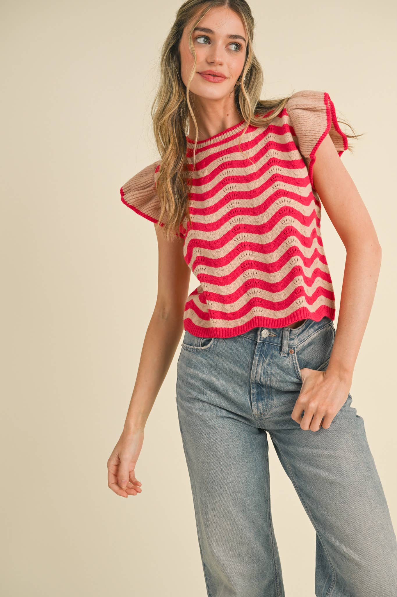 &MERCI - Wholesale Knit Sweater - Women's - WAVY STRIPES FLUTTER SLEEVE SWEATER TOP MSW1050913