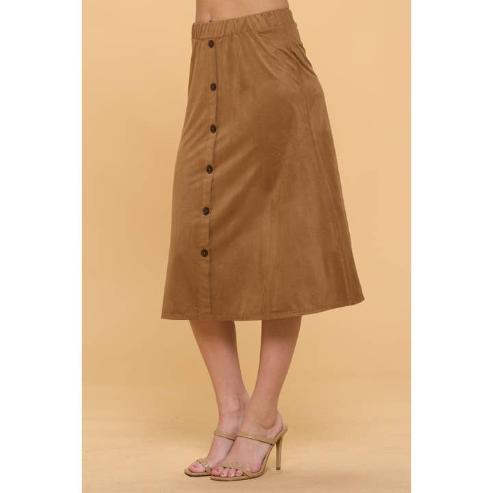 COGNAC ELASTIC WAIST ALINE BUTTON DOWN SUEDE SKIRT for wholesale on Faire
