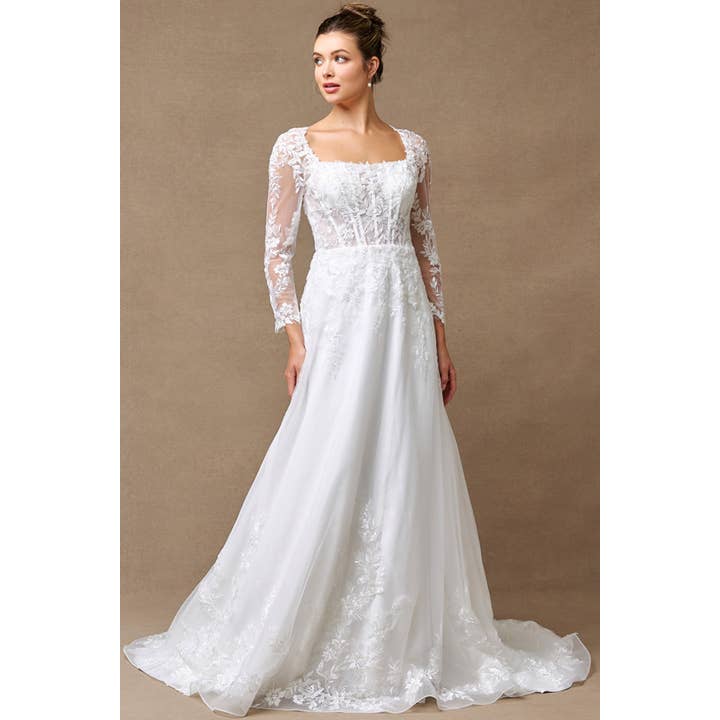 Vestido de Noiva com Decote Redondo e Mangas Compridas Transparentes por atacado de Babyfox Apparel