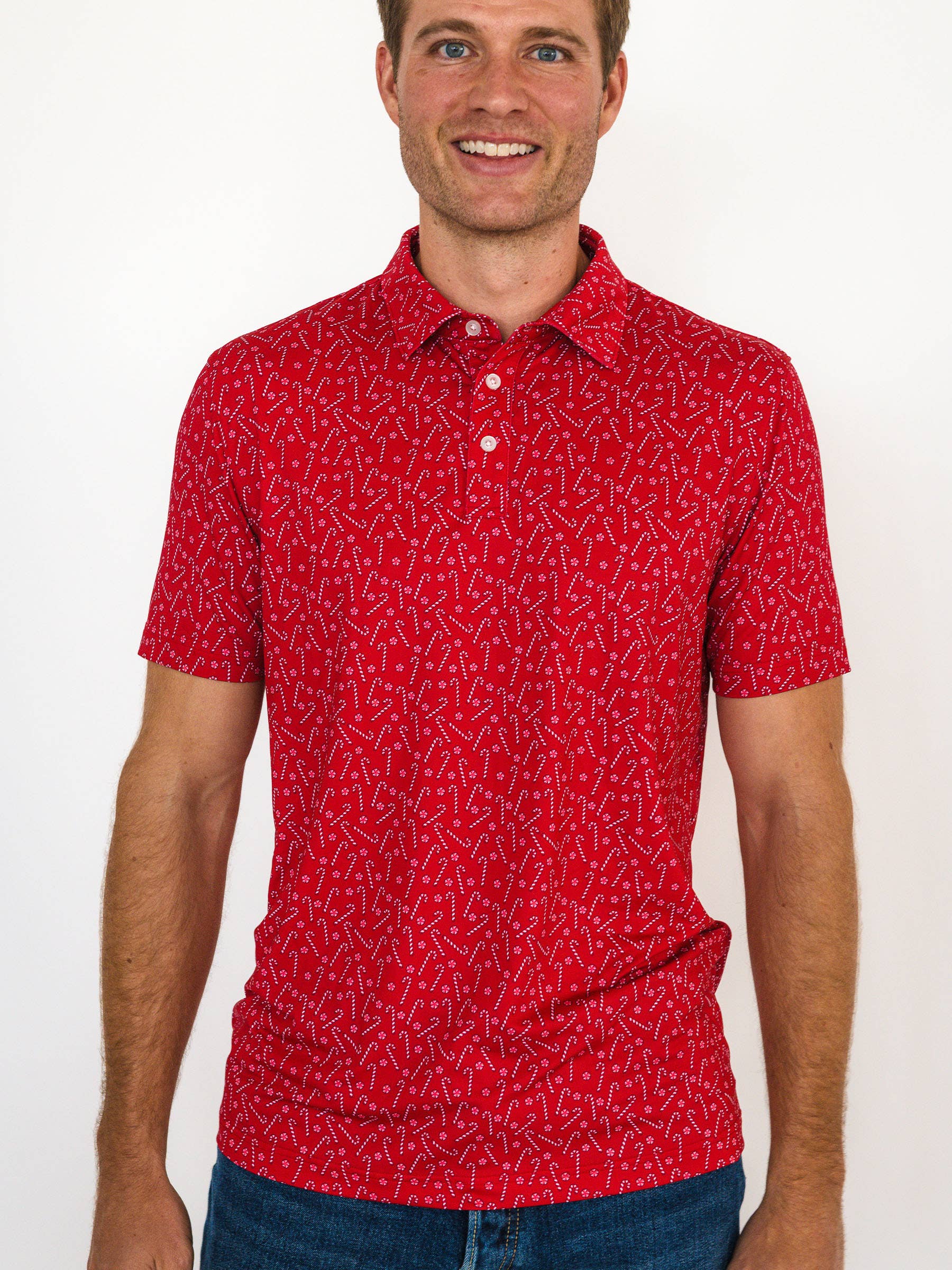 Red Men's Tiny Candy Canes Knit Short Sleeve Performance Polo for wholesale on Faire0